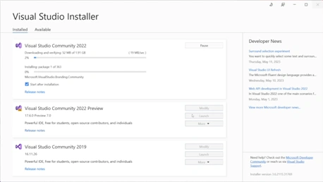 Visual Studio Installer Download Installer Progress Screen