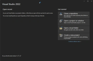 Visual Studio Start Screen